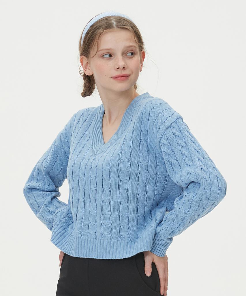 BLOND9 V-Neck Cable Crop Knit_Sky Blue