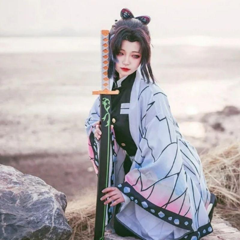 Аниме Demon Slayer Kimetsu No Yaiba Kochou Shinobu Косплей Костюм Парик Комплект Кимоно Униформа Хэллоуин Аниме Костюмы для Взрослых Детей