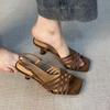 Stiletto Sandals Summer New Square Toe Open Toe Cross Slim Strap One Buckle Anti-Slip Wear-Resistant High Heels