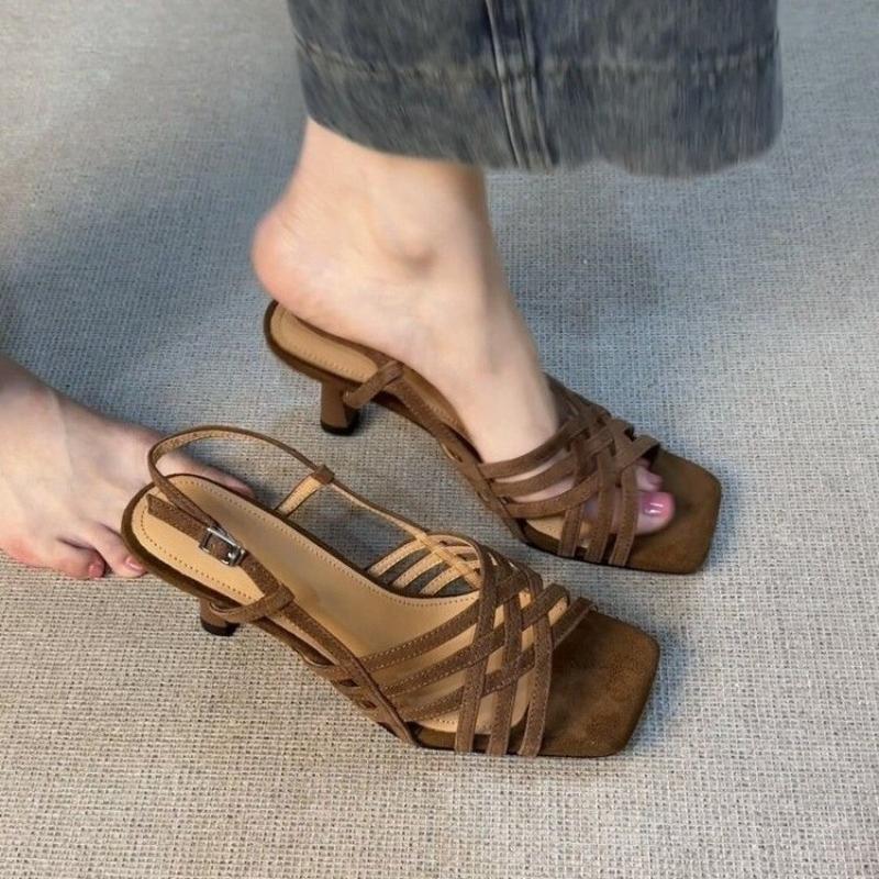 Stiletto Sandals Summer New Square Toe Open Toe Cross Slim Strap One Buckle Anti-Slip Wear-Resistant High Heels