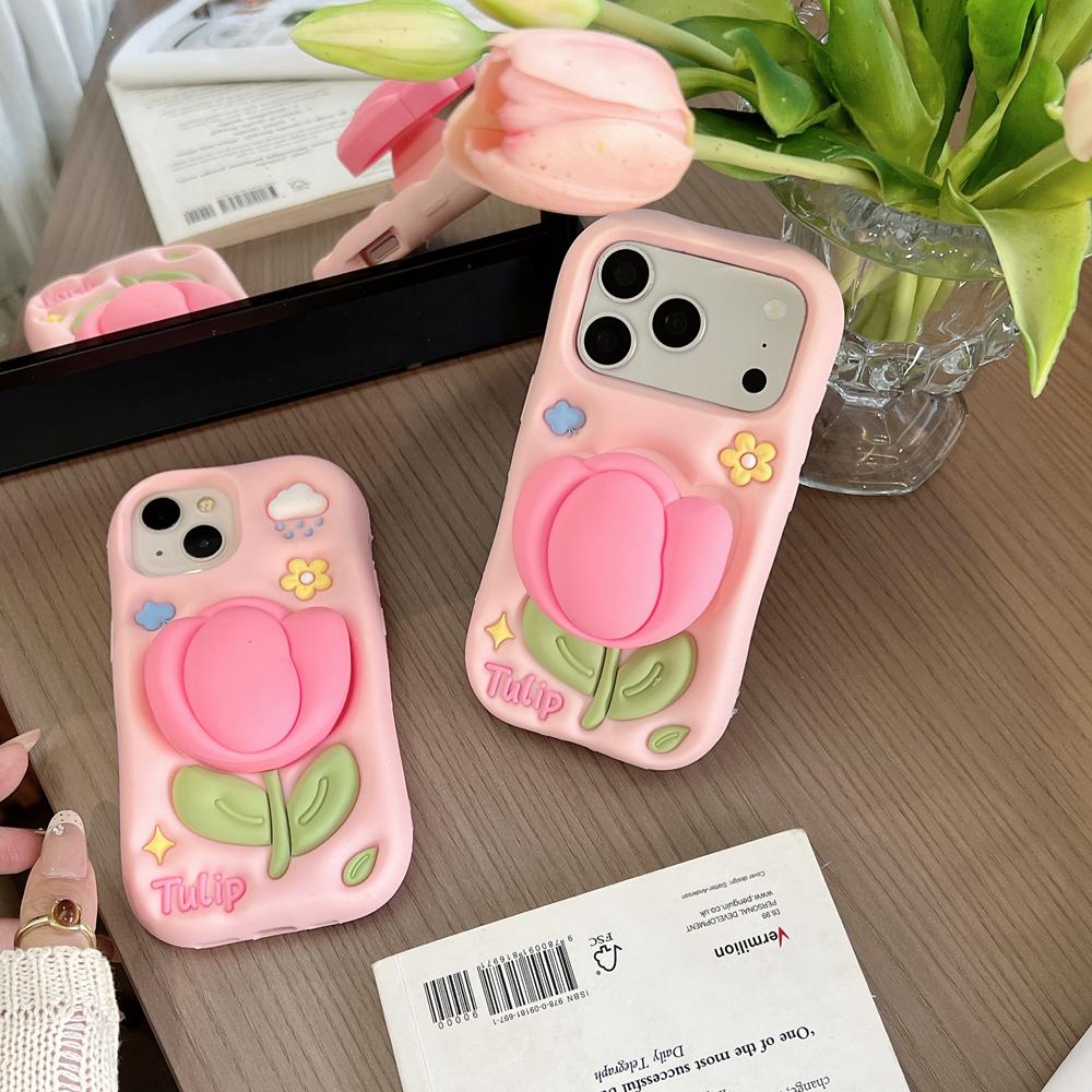 KEYSION Милый мультяшный 3D цветок тюльпана чехол для телефона для iPhone 13 14 15 16 17 Pro Max Мягкий силиконовый подставка-ножка Ударопрочная задняя крышка