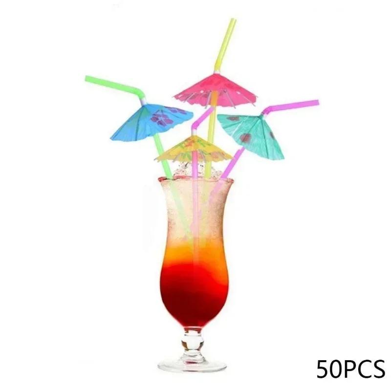 50Pcs Creative Cocktail Umbrella Shaped Straw Beach Party Beach BBQ Juice Straw Personalized Creative Theme Straw Wholesale