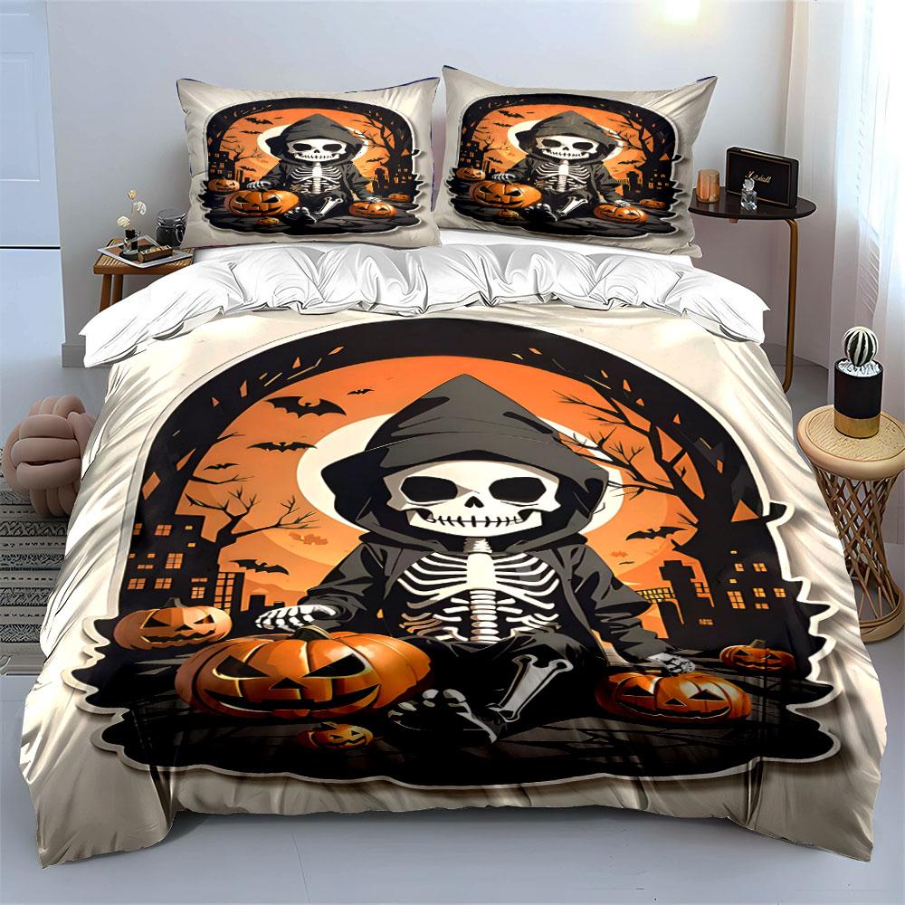 Halloween Skeleton Pumpkin Scene Bedding Duvet Cover Set Duvet Cover Pillowcases (1*Duvet Cover 2*Pillowcases, without duvet insert)