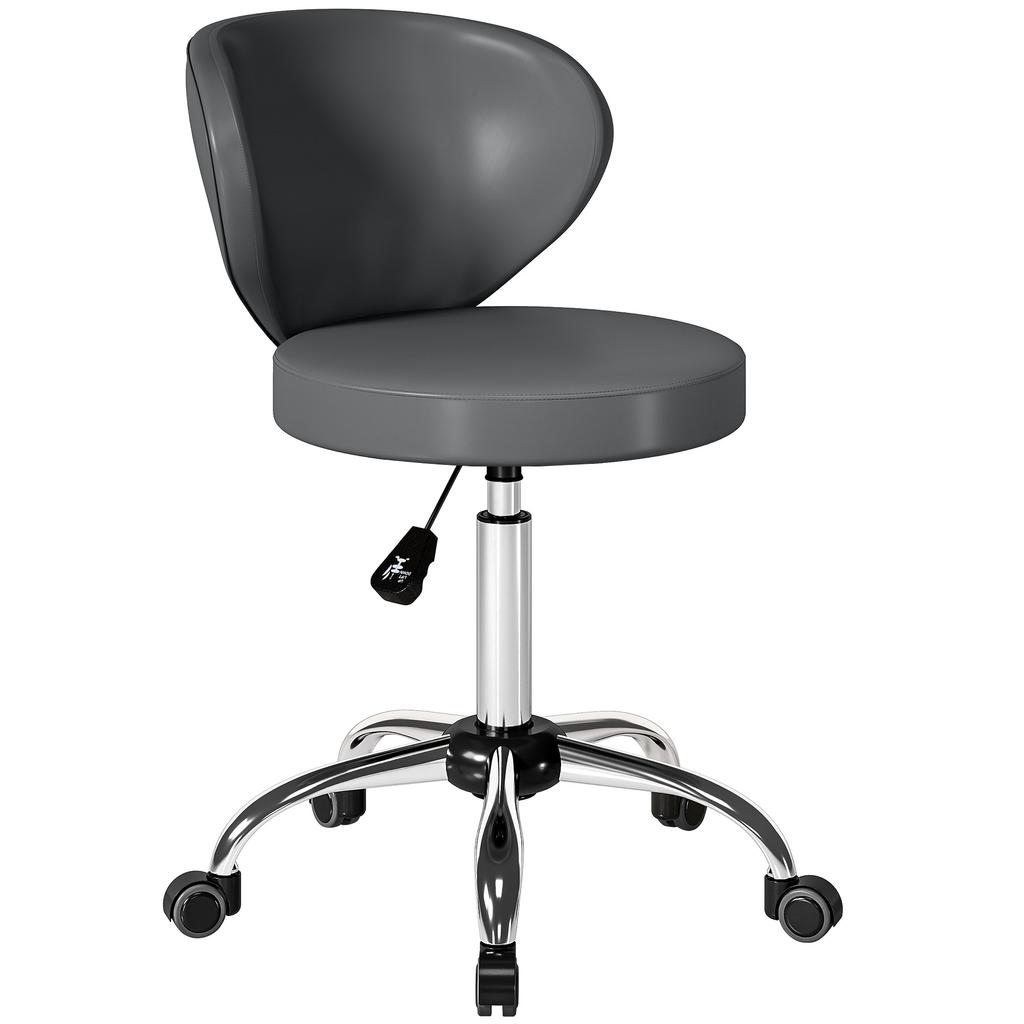 Stool on Casters, PU Massage Stool with Adjustable Height 73-88 cm and Backrest, 360 degrees Swivel, Grey