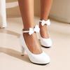 Women Ankle Strap Spike High Heels Bow Platform Round Toe Pumps Glossy Patent Leather Summer Autumn Sweet Lolita Shoes