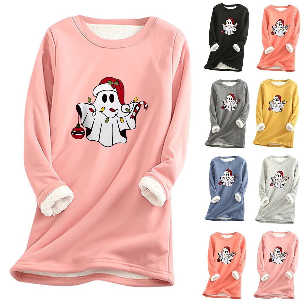 Женский круглый вырез с принтом из утолщенного плюша и кашемира, теплый длинный топ