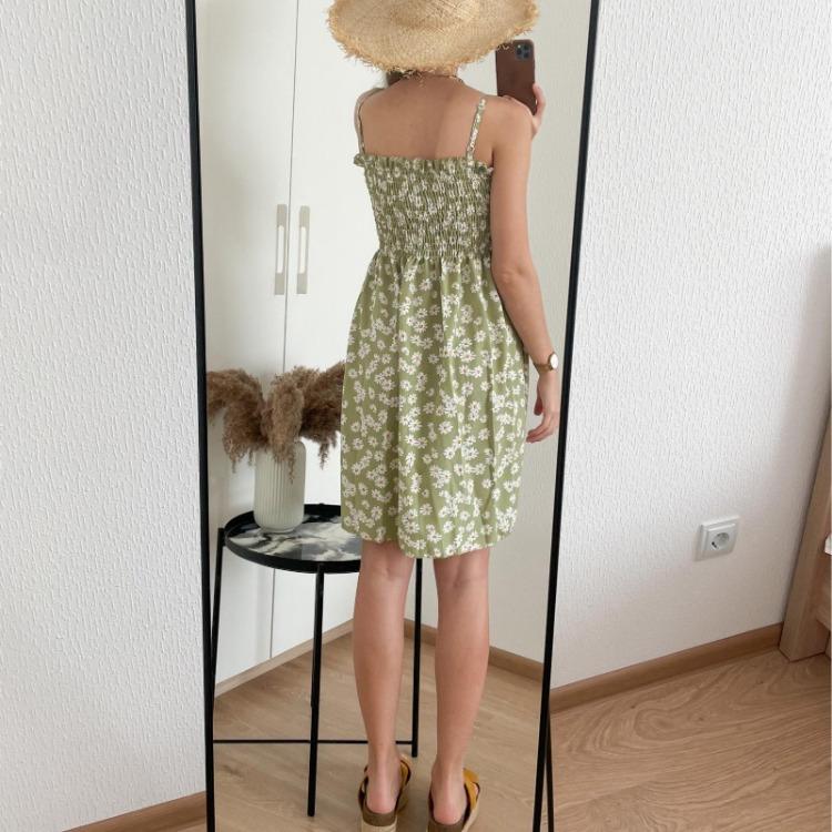 2023 Summer Floral Printed Chiffon Mini Dress Women Casual Fashion Spaghetti Strap Sleeveless Elastic High Waist Dress