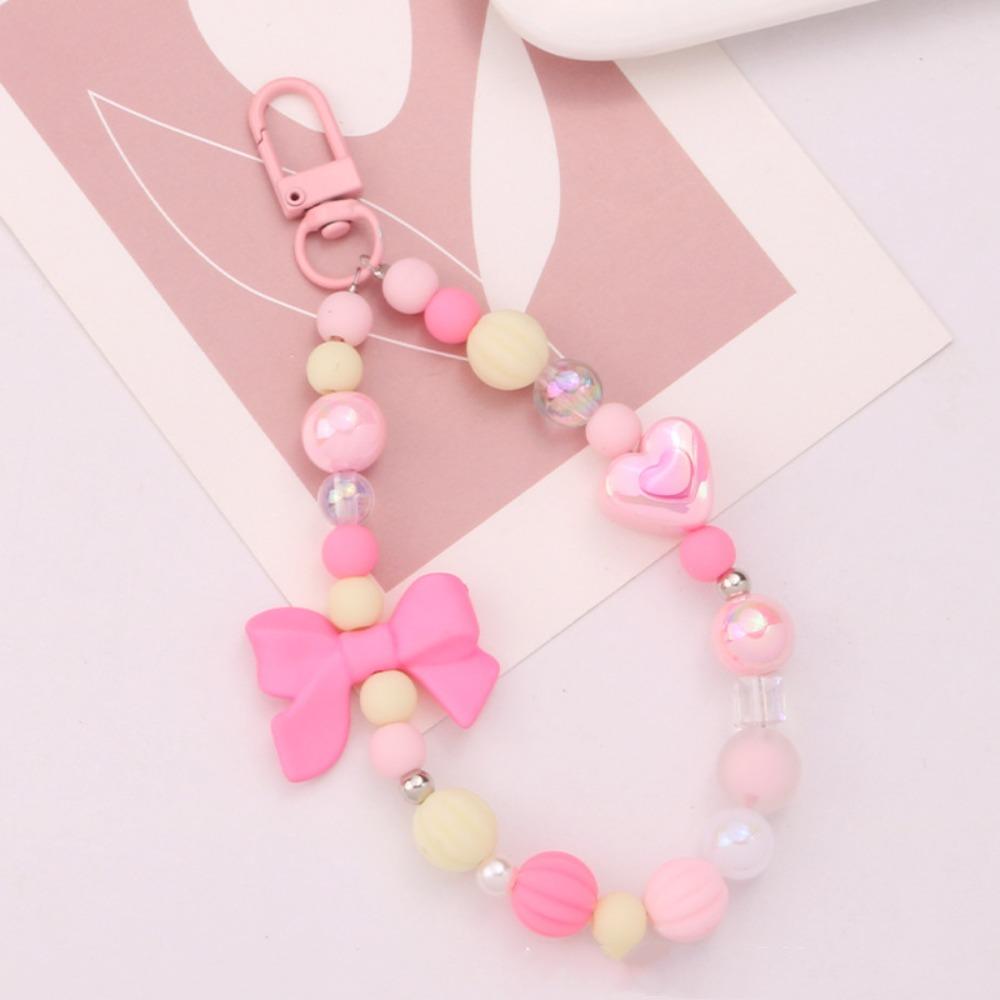 Colored Round Bead Keychain Pendant Cute Bow Heart Star Crystal Phone Anti-lost Rope Colorful Phone Lanyard Glitter Wrist Straps