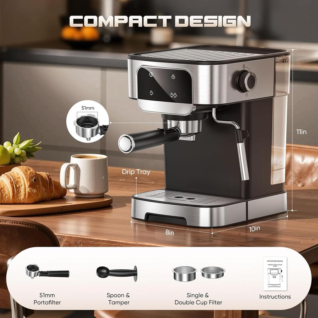 Кофемашина эспрессо 20 бар, профессиональная с капучинатором, светодиодный сенсорный экран, резервуар 61 унция, компактная домашняя кофеварка для латте и капучино