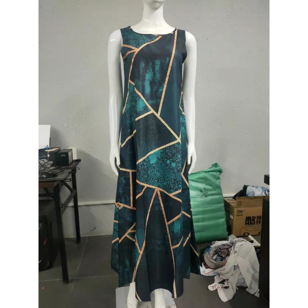 GMXIA Summer Positioning Flower Round Neck Sleeveless Loose Print Dress Long Skirt Women