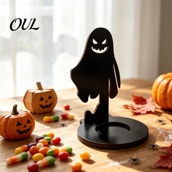 Anti Deformation Wood Base Halloween Wooden Shadow Candle Holder, Scarecrow Bat Black Cat Ghost Silhouette Artistic Table Ornament for Home