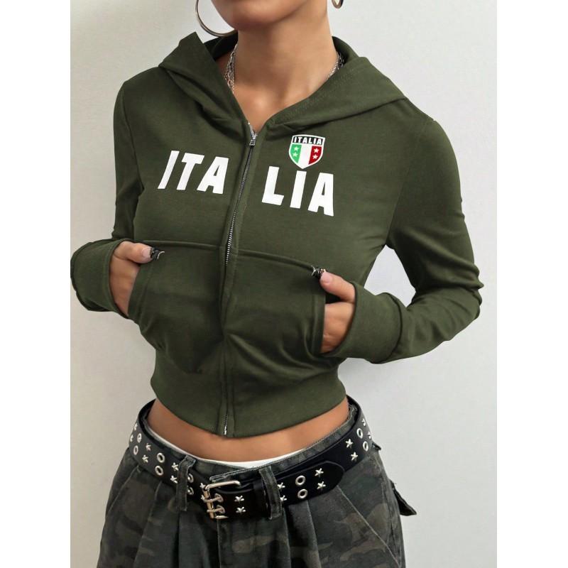 Женская короткая толстовка с капюшоном на молнии с цифровой печатью Streetwear Свободный крой Ткань Air Layer