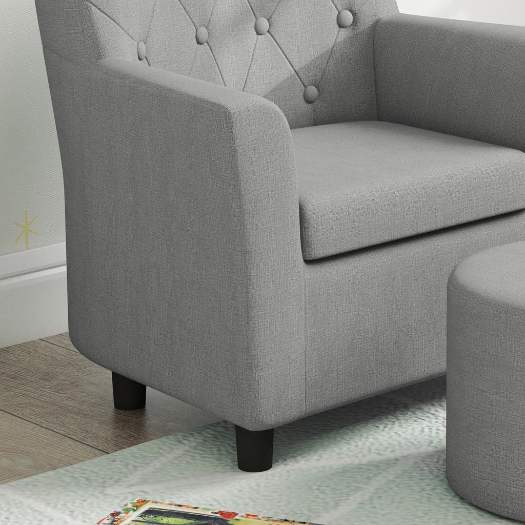 Kids' Armchair with Stool, Diamond Pattern Backrest, Soft Seat, Wood Frame, Grey