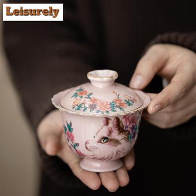 Розовый Килн Ру Цветок Кошка Гайвань Антикварная Негорячая Супница для Чая Чашка для Чая с Крышкой Набор Крышка для Чайника Чашка Набор для Чайной Церемонии Кунг-фу Украшения