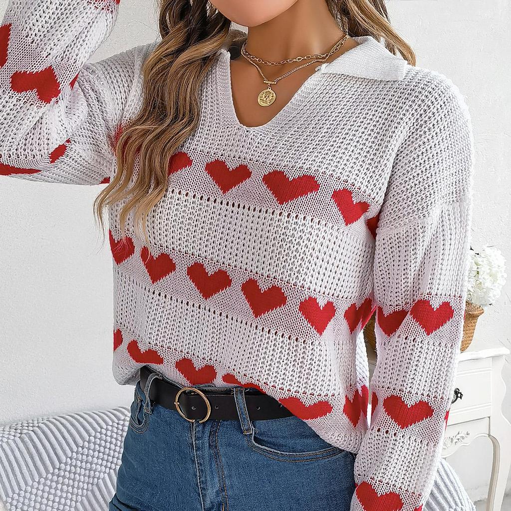 Autumn Winter Vintage Loose Long Sleeve Top Heart Print Cardigan Knitwear V-Neck Sweater