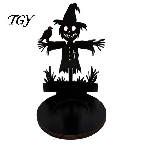 Unique Housewarming Gift Halloween Wooden Shadow Candle Holder, Scarecrow Bat Black Cat Ghost Silhouette Durable Garden Patio Decor Candlestick,