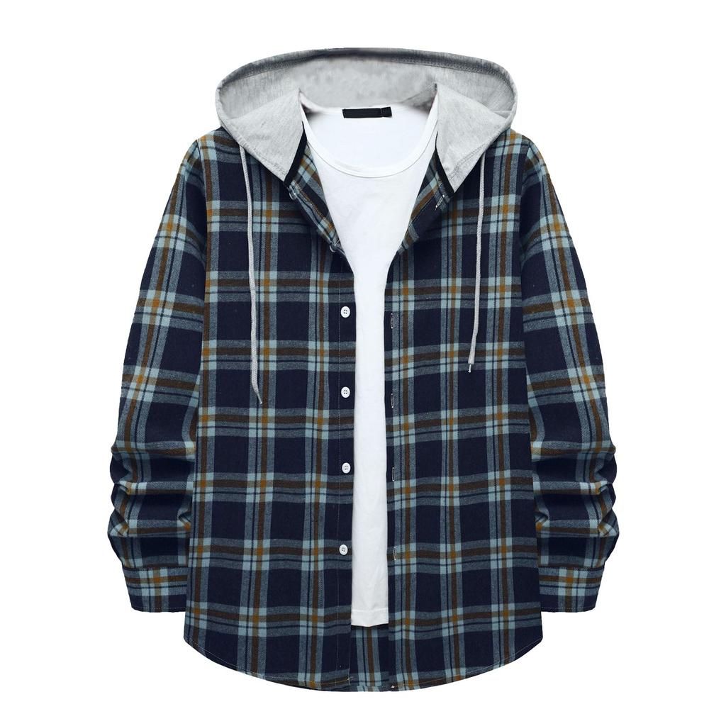 Men's Plaid Shirt Hooded Button Sweatshirt Men's Casual Fashion Sweatshirt