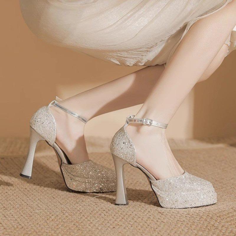 Fashion Sequins Fashion Women's Shoes 2025 Summer New High Heeled Sandals Large Size Women's Shoes Gold Silver