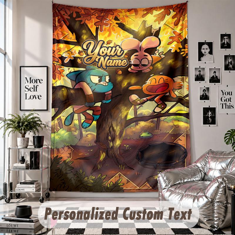 Wall Hanging Tapestry With Custom Name & Text, Amazing World of Gumball Decorative Tapestry For Bedroom