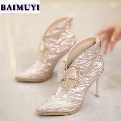 Женские выпускные роскошные ботильоны на высоком каблуке с острым носком и хрустальным бантом, элегантные туфли 2025 года, новые сексуальные туфли-лодочки Botas Mujer