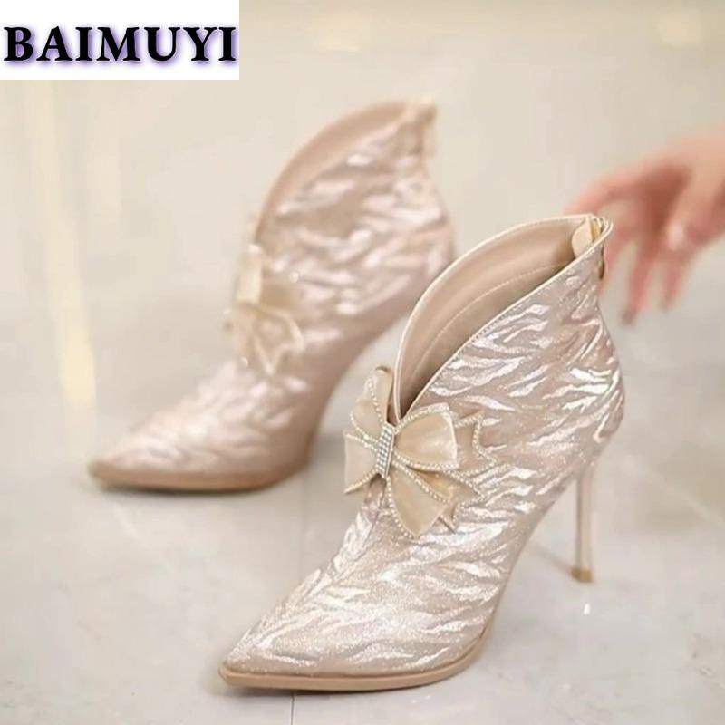 Женские выпускные роскошные ботильоны на высоком каблуке с острым носком и хрустальным бантом, элегантные туфли 2025 года, новые сексуальные туфли-лодочки Botas Mujer