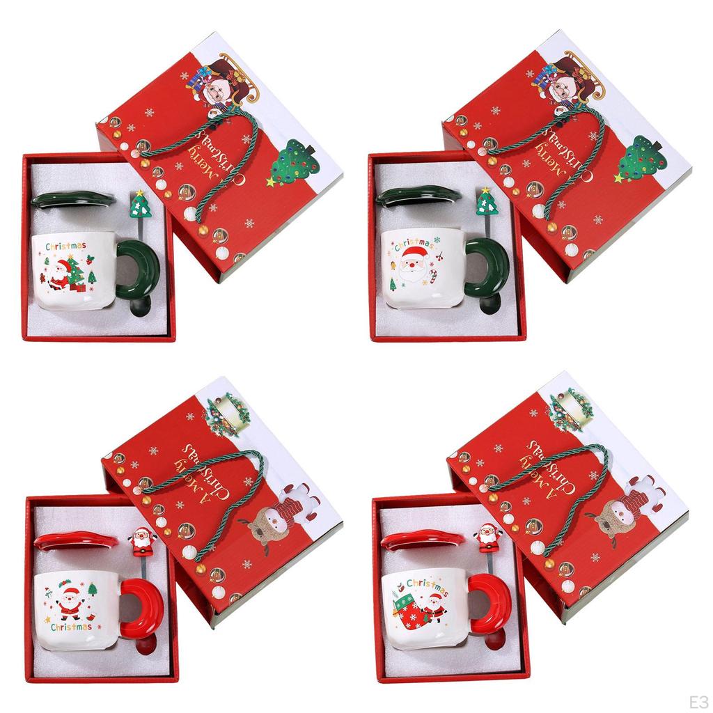 Christmas Mug Set Water Cup Lightweight Santa Cute Tea Coffee with Lid Spoon for Winter