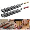 Stainless Steel BBQ Grill Basket with Wooden Handle Non-Stick Sausage Roasting Cage Multi-functional Grill Utensil for Outdoor Camping