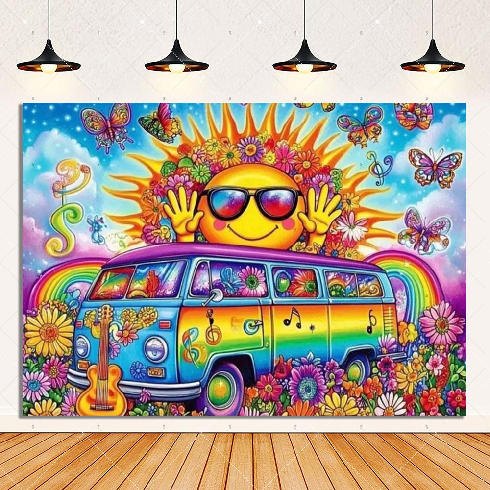 Colorful Hippie Bus Background Banner Bohemian Style Theme Backdrop Supplies Love And Peace Party Decorations Photography Props