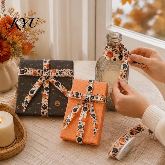 Halloween Party Favor Packaging Ribbon, 5 Yards 5/8" Pumpkin Spider Web Printed Ribbon for Holiday Crafts Gift Wrapping, DIY Wreath Bow Crafts,