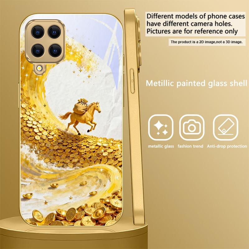 Золотая скачущая лошадь Для Samsung A 01 52S A04 A05S A10 A12 A13 22 23 24 36 42 M02 Note 10 20Ultra 8 9 Золотой стеклянный чехол для телефона