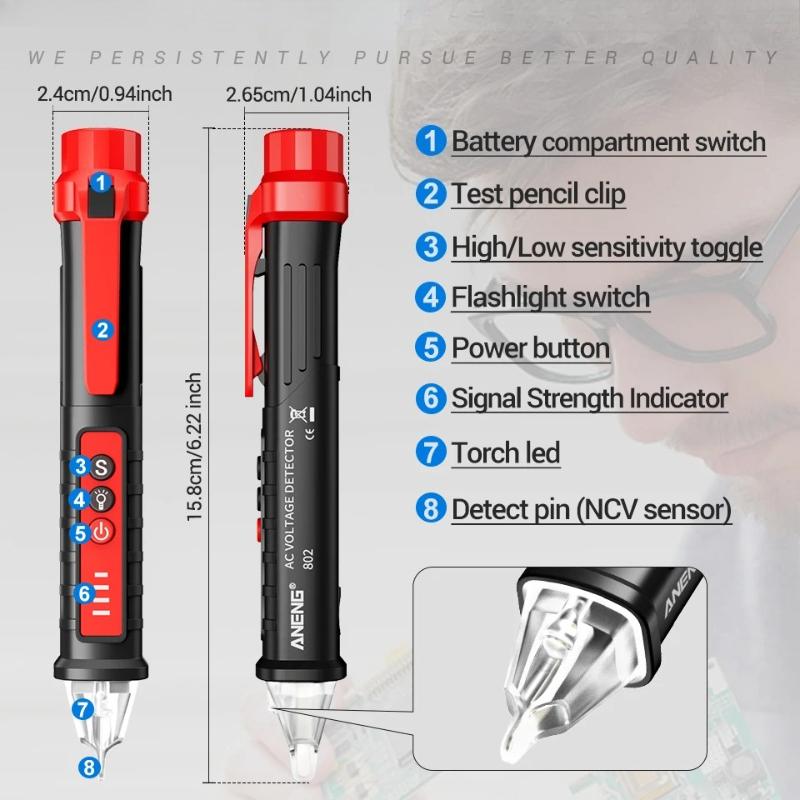 2026 ANENG VD802 Non Contact Voltage Tester 12V-1000V AC NCV Detection Live Wire Test Audible and Visual Alarm Flashlight Portable Electrician Tools