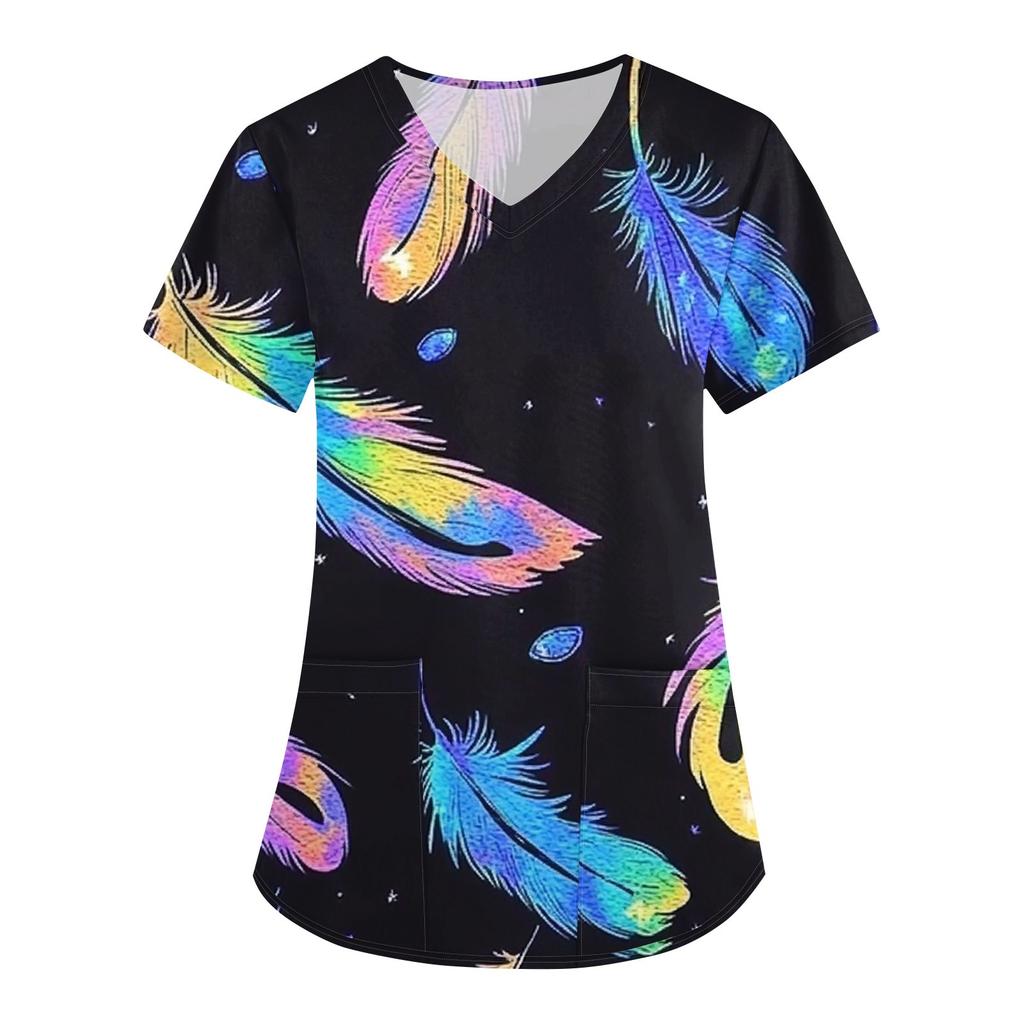 Женская карнавальная принтовая свободная униформа с V-образным вырезом и карманом с коротким рукавом