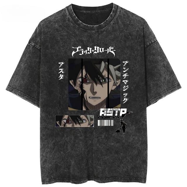 2026 Black Clover Washed Vintage Tshirt Street Hiphop Anime Casual Cotton Summer Short Sleeve