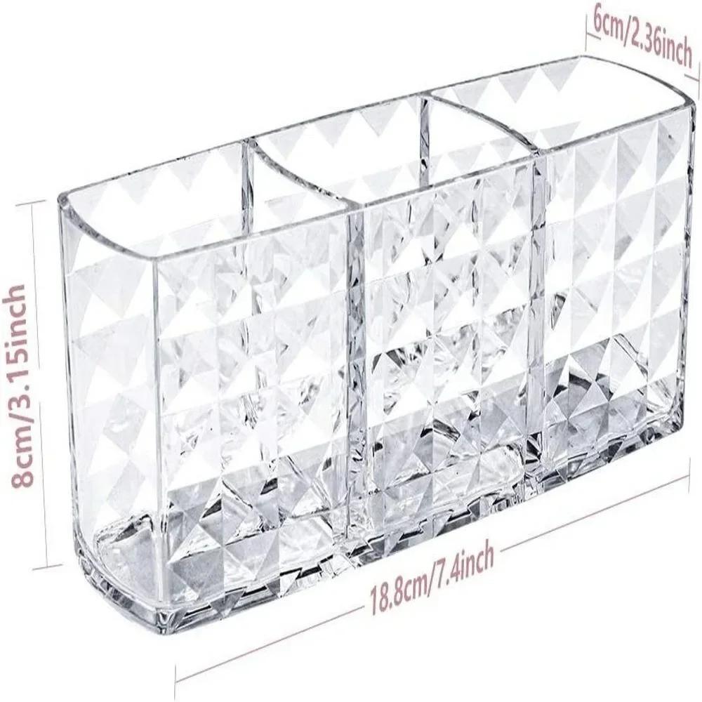 Acrylic Transparent 3-Grid Cosmetic Storage Box with Diamond Pattern - Makeup Pen Organizer & Desktop Eyebrow Pen Holder