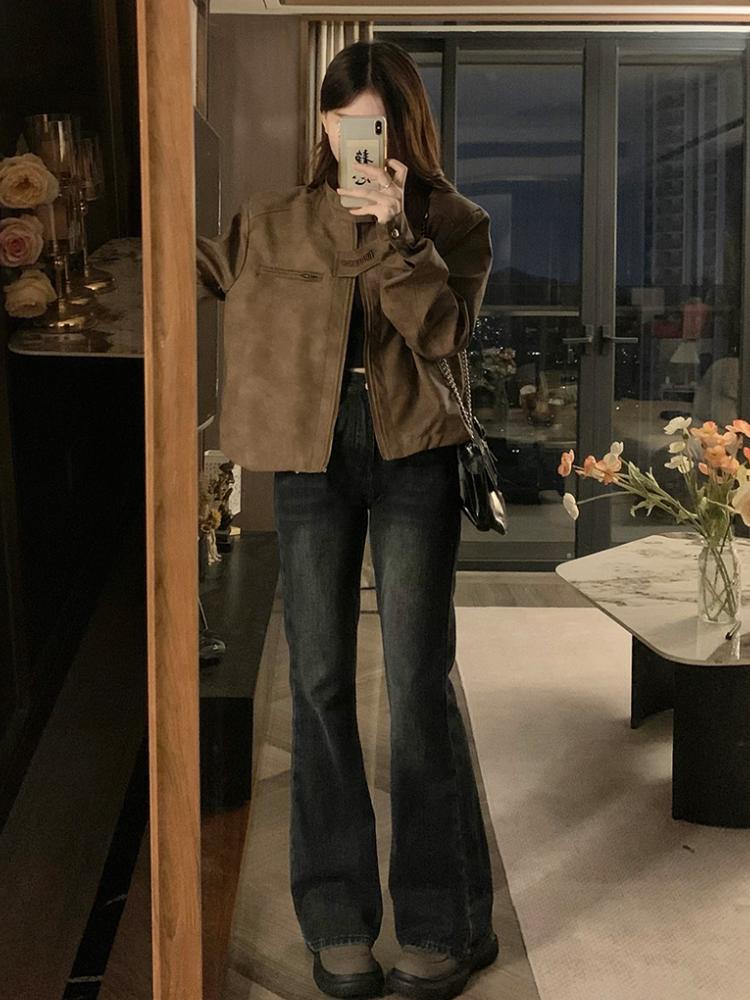 Американская ретро коричневая кожаная куртка мотоцикла женская модная дизайнерская короткая куртка с наплечниками в стиле гранж, тонкое пальто в уличном стиле