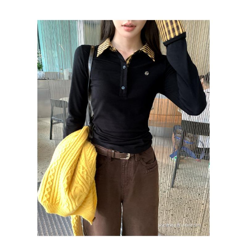 Весна Осень Клетчатый Пэчворк Имитация Двойки Женская Футболка с Длинным Рукавом Водолазка Все-сочетаемая Пуловер Футболка Топ