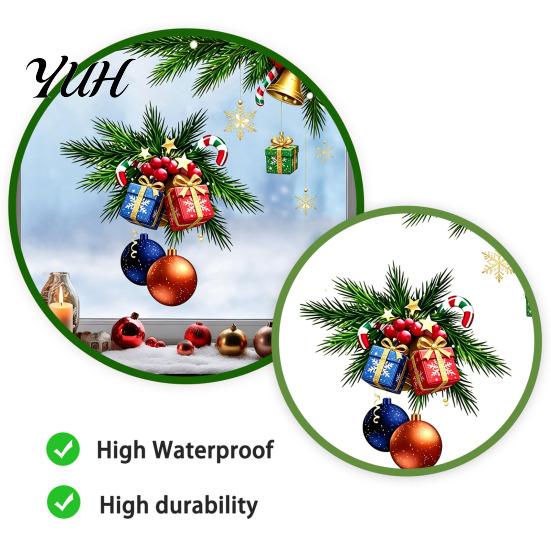 Pine Branch Stickers Christmas Window Clings, Xmas Ball Gift Box Decals with Branch, Holiday Glass Bell, Snowflake, Reusable Static PVC Sticker
