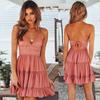 Summer Sexy Backless Sleeveless Strap Lace Up Pleated Mini Party Dress Women Lace Slip Sundress