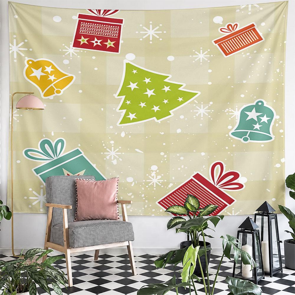 Cream Plaid Christmas Stickers Tapestry Wall Hanging Holiday Pattern Decor for Bedroom Living Room Gift