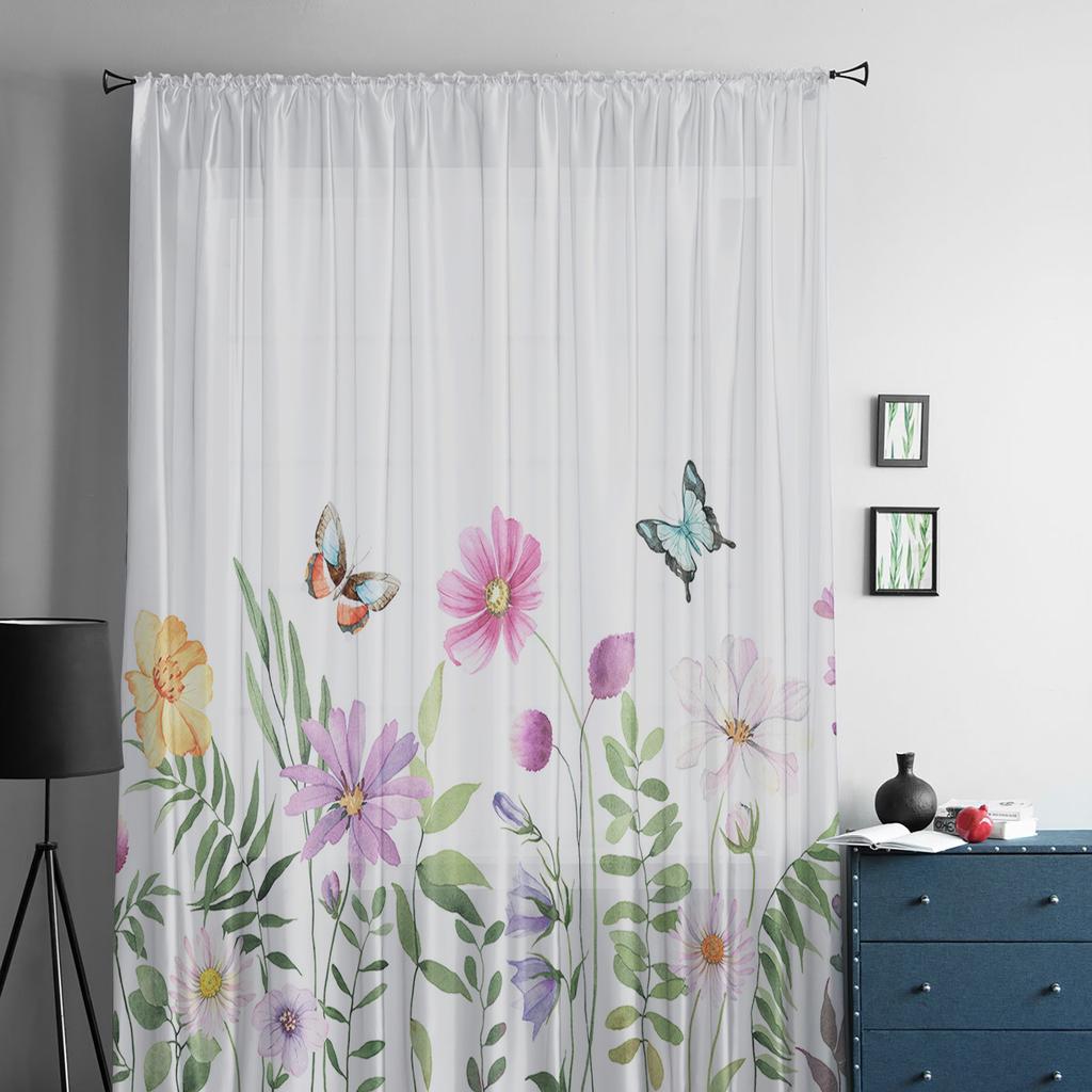 Spring Flower Butterfly Sheer Curtains For Living Room Bedroom Home Decor Kitchen Tulle For Windows Voile Drapes
