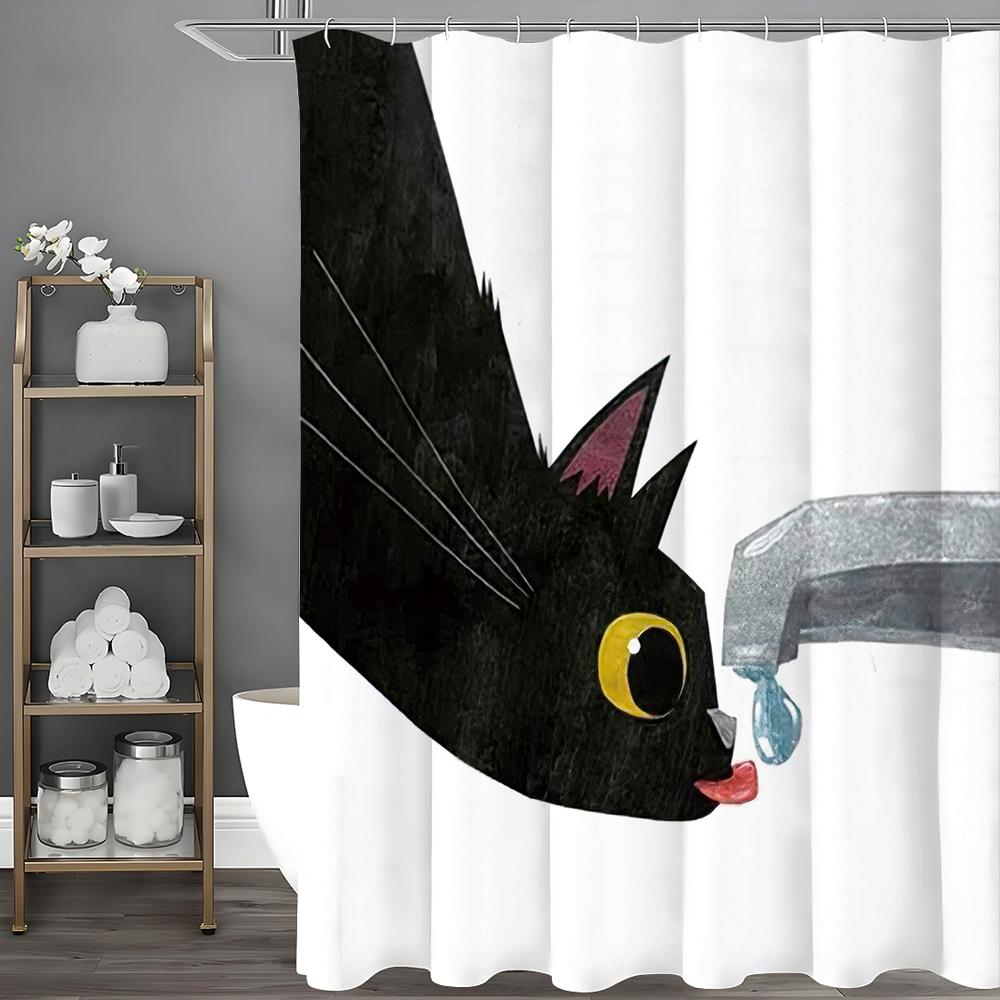 Cartoon Black Cat Drinking Shower Curtain, Bathroom Decorative Shower Curtain, Waterproof Shower Curtain with Hooks