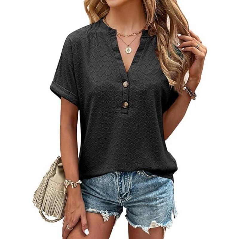 YYFS Женские модные повседневные летние весенние однотонные блузки и рубашки с v-образным вырезом и короткими рукавами с принтом