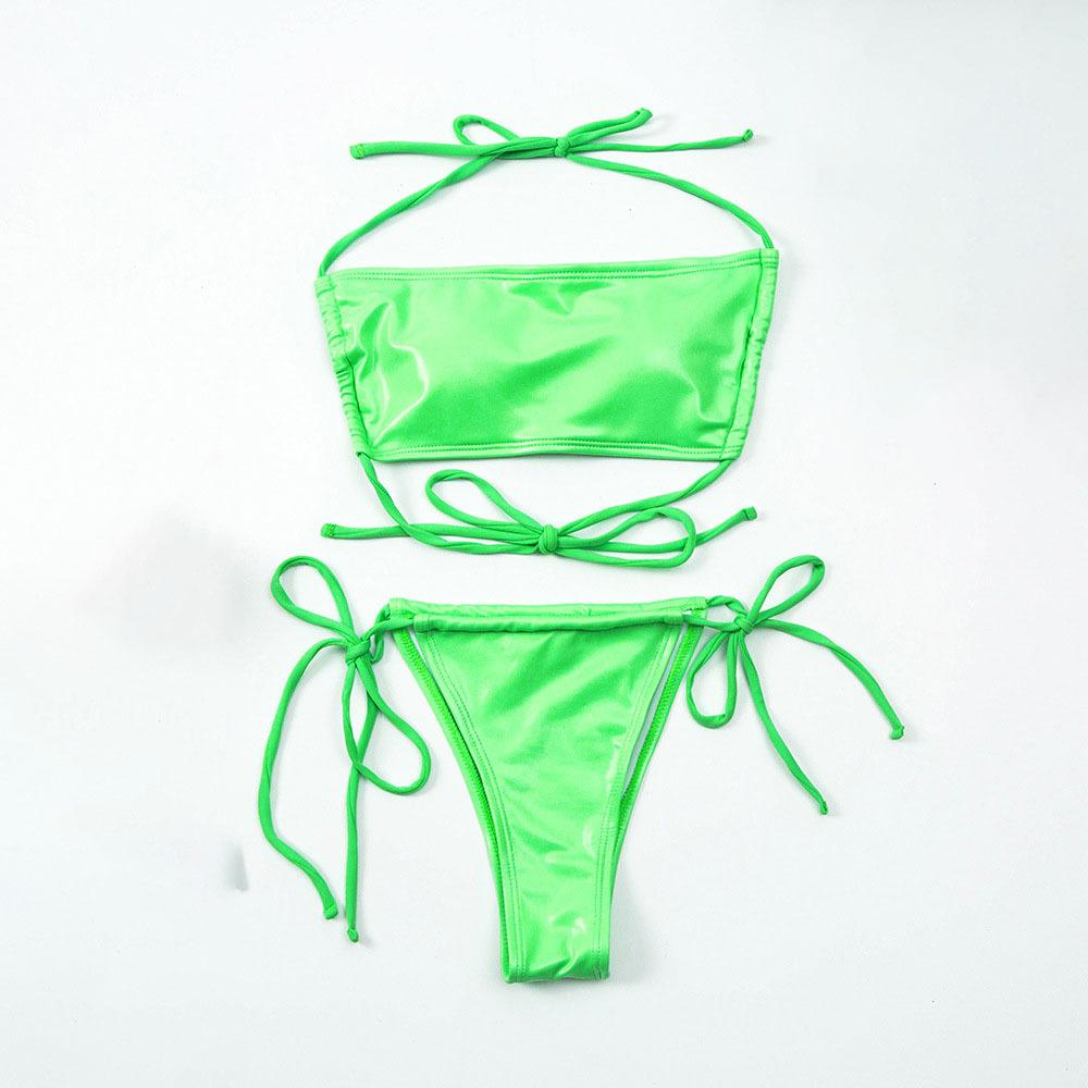 Бикини Блестящая Кожа Стрейч Бикини Завязка Обертывание Купальник Пляжная Одежда Мода Летний Купальник Стройнящий С высокой талией Купальник Бикини