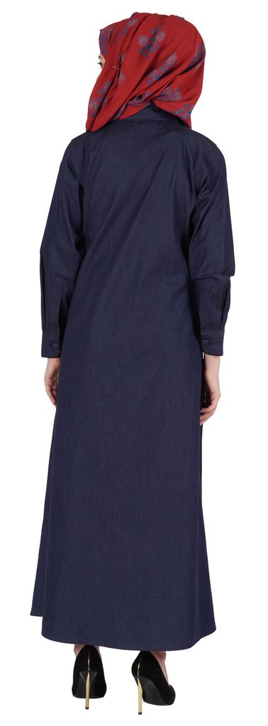 Bimba Solid Long Dress W  Printed Hijab Scarf Chambray Maxi Front Button Muslim Dress  Islamic Clothes For