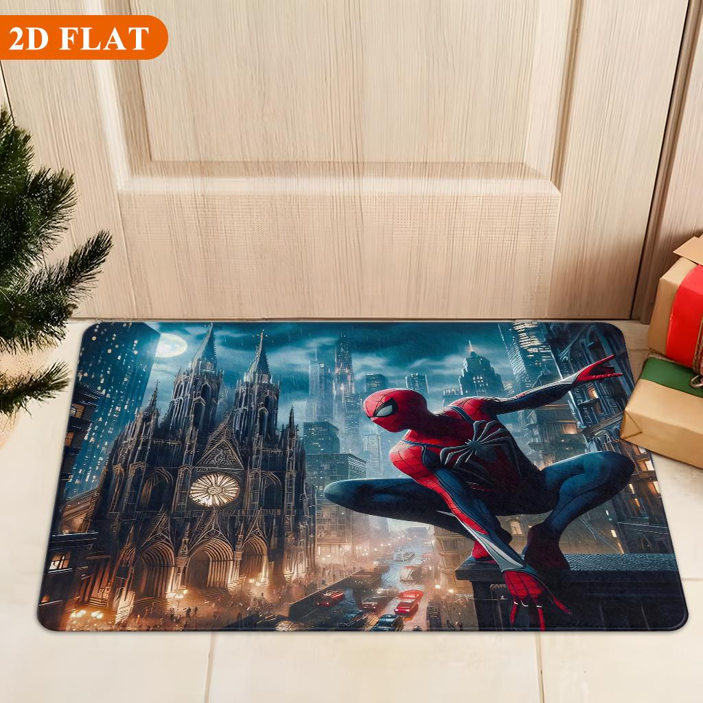 Bath Mat 1pc, Spider- Guards City in Rain, MARVEL Flannel Rectangular Mat, Bathroom Non-Slip Entrance Mat, Fun Door Decoration