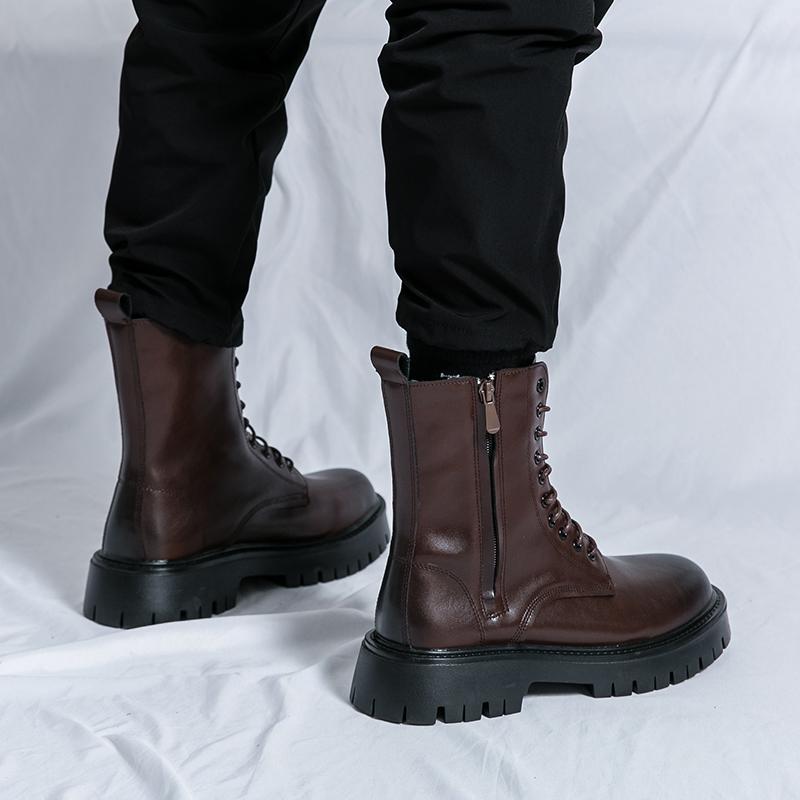 Men PU Solid Color Thick Soled Round Toe High Top Lace Up Motorcycle Cowboy Boots Fashionable Comfortable Men Boots