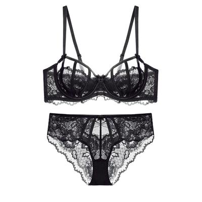Кружевной бюстгальтер полукубок и шорты Сексуальный комплект топ и нижнее белье [Guoeappa] Женский комплект, Нижнее белье, Низ, Прозрачный (Черный, B80)