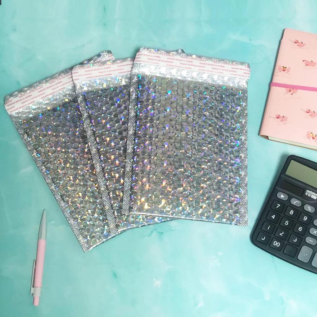 20 Pieces 10.6 X 7 Inch Holographic Bubble Mailers Metallic Poly Mailers Padded Envelopes Self Sealing Cushion Envelope (Silver)