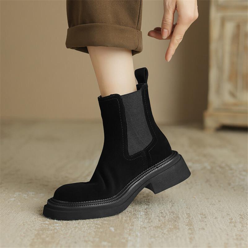 Модные Новые Зимние Женские Ботинки из Овчины с Круглым Носком на Массивном Каблуке Челси для Женщин Ботинки на Платформе Короткие Ботинки Женская Обувь Zapatos Mujer