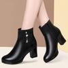 Women Cotton Shoes Autumn/winter Season Soft Leather Mid-high Heel Fleece-lined Ankle Boots Ladies Cotton Boots Black Round Head